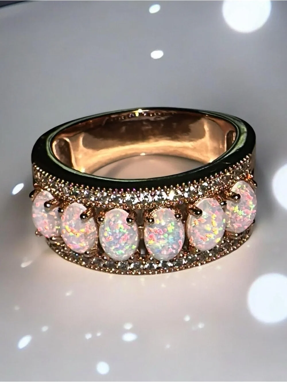 Opal & Cubic Zirconia Rose Gold Band Ring - White Opal Accent